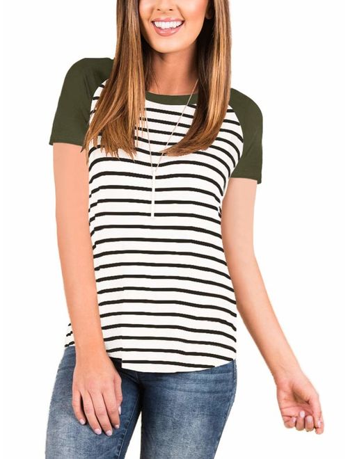 INFITTY Women's 3/4 Sleeve Raglan Striped T Shirt Baseball Tunic Tops Blouse