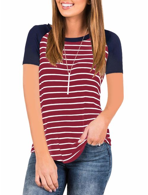 INFITTY Women's 3/4 Sleeve Raglan Striped T Shirt Baseball Tunic Tops Blouse