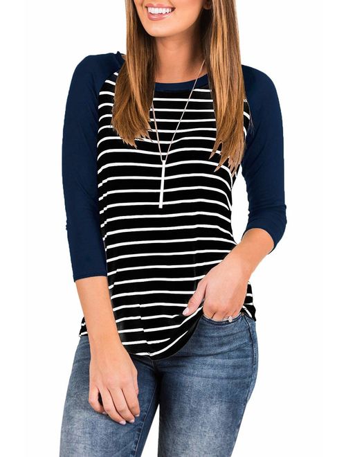 INFITTY Women's 3/4 Sleeve Raglan Striped T Shirt Baseball Tunic Tops Blouse