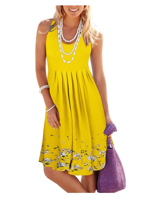 KILIG Women Summer Casual Dress Loose Print Pleated Sleeveless Mini Vest Sun Dresses for Beach Wedding Party