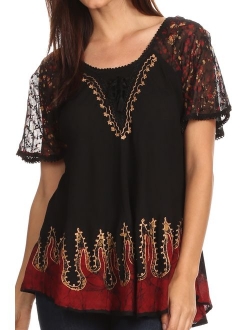 Sakkas Cora Relaxed Fit Batik Design Embroidery Cap Sleeves Blouse/Top