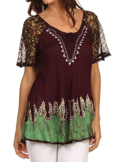 Sakkas Cora Relaxed Fit Batik Design Embroidery Cap Sleeves Blouse/Top