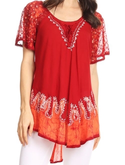 Sakkas Cora Relaxed Fit Batik Design Embroidery Cap Sleeves Blouse/Top