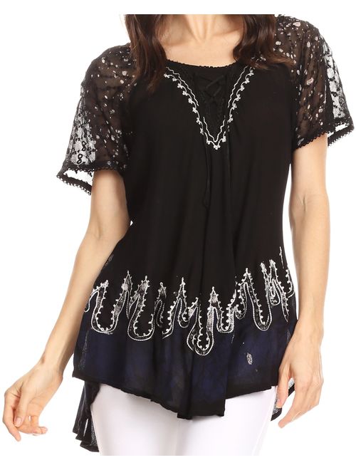 Sakkas Cora Relaxed Fit Batik Design Embroidery Cap Sleeves Blouse/Top