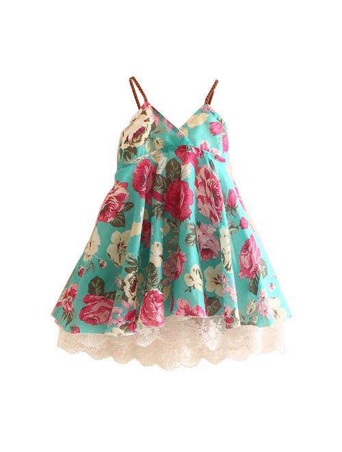 LittleSpring Little Girls Floral Sundress Sleeveless Lace Beach Dress