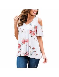 Sherosa Women's Floral Print Cut Out Shoulder Short Sleeve T Shirt Tops Blouse