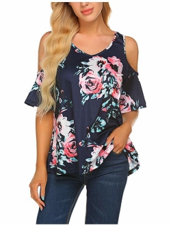 Sherosa Women's Floral Print Cut Out Shoulder Short Sleeve T Shirt Tops Blouse