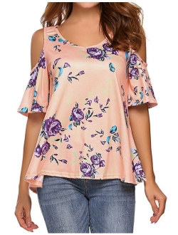 Sherosa Women's Floral Print Cut Out Shoulder Short Sleeve T Shirt Tops Blouse