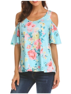 Sherosa Women's Floral Print Cut Out Shoulder Short Sleeve T Shirt Tops Blouse