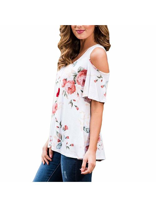 Sherosa Women's Floral Print Cut Out Shoulder Short Sleeve T Shirt Tops Blouse