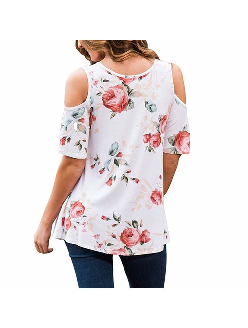 Sherosa Women's Floral Print Cut Out Shoulder Short Sleeve T Shirt Tops Blouse