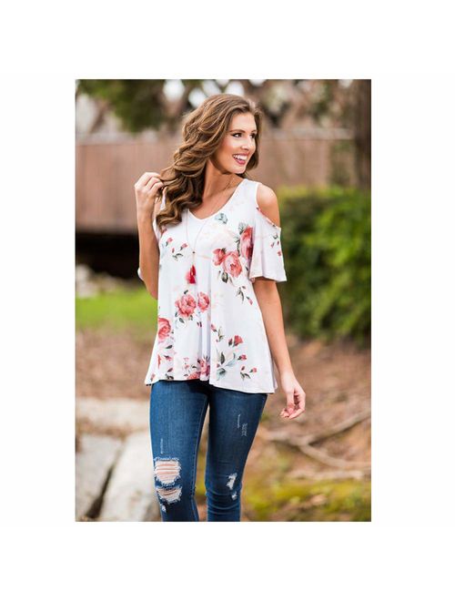 Sherosa Women's Floral Print Cut Out Shoulder Short Sleeve T Shirt Tops Blouse