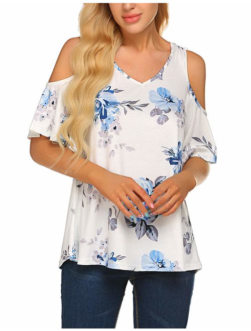 Sherosa Women's Floral Print Cut Out Shoulder Short Sleeve T Shirt Tops Blouse