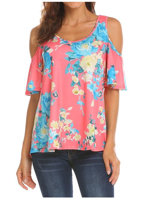 Sherosa Women's Floral Print Cut Out Shoulder Short Sleeve T Shirt Tops Blouse