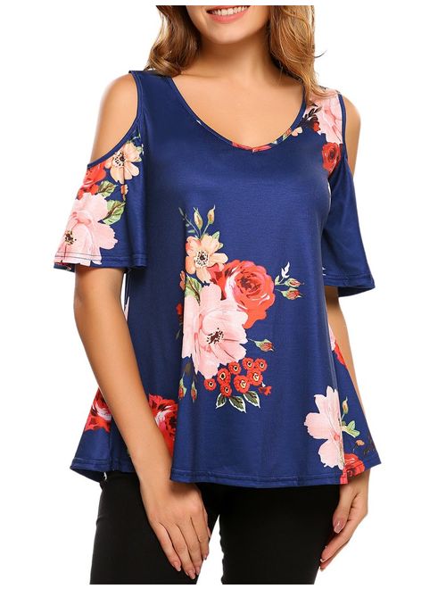 Sherosa Women's Floral Print Cut Out Shoulder Short Sleeve T Shirt Tops Blouse