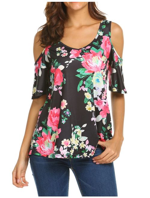 Sherosa Women's Floral Print Cut Out Shoulder Short Sleeve T Shirt Tops Blouse