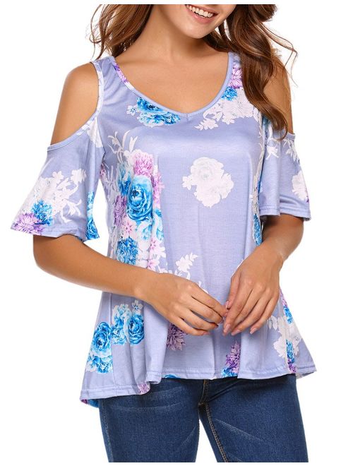 Sherosa Women's Floral Print Cut Out Shoulder Short Sleeve T Shirt Tops Blouse