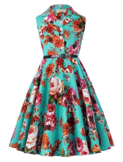 Girls Retro Sleeveless Floral Printed Swing Dresses with Belt