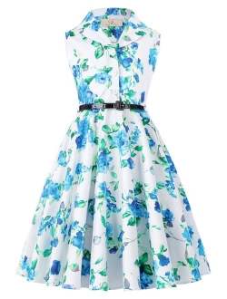 Girls Retro Sleeveless Floral Printed Swing Dresses with Belt