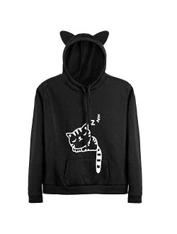 Lziizl Women Girl Hoodies Cute Cat Ear Novelty Printed Pullover Sweatshirt