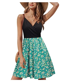 STYLEWORD Women's V Neck Floral Spaghetti Strap Summer Casual Swing Dress with Pocket