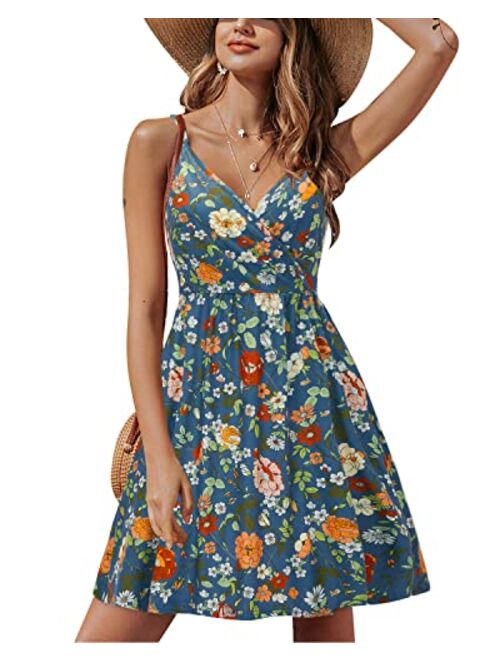 STYLEWORD Women's V Neck Floral Spaghetti Strap Summer Casual Swing Dress with Pocket