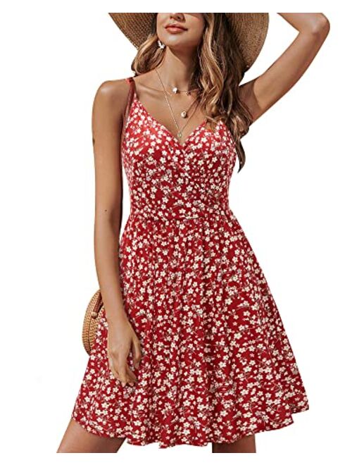 STYLEWORD Women's V Neck Floral Spaghetti Strap Summer Casual Swing Dress with Pocket