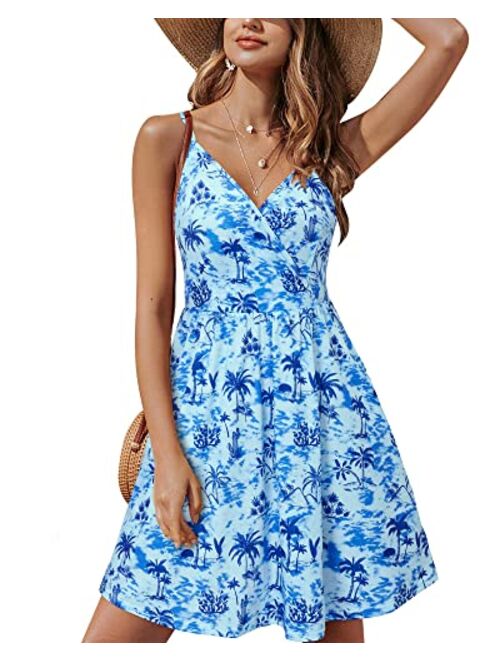 STYLEWORD Women's V Neck Floral Spaghetti Strap Summer Casual Swing Dress with Pocket