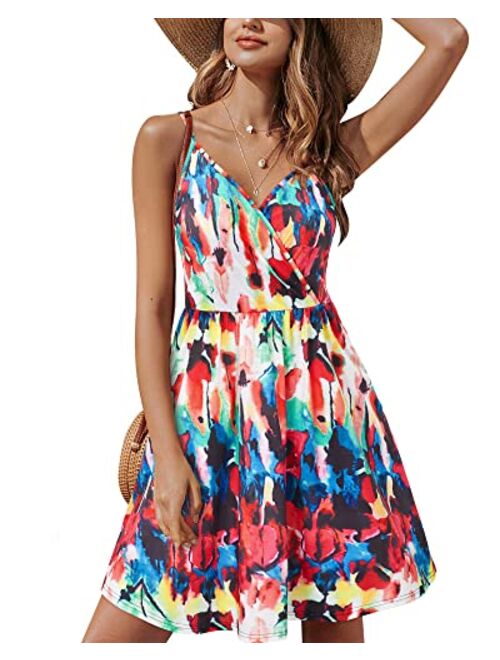 STYLEWORD Women's V Neck Floral Spaghetti Strap Summer Casual Swing Dress with Pocket