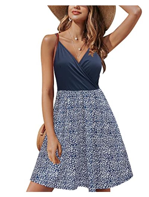 STYLEWORD Women's V Neck Floral Spaghetti Strap Summer Casual Swing Dress with Pocket