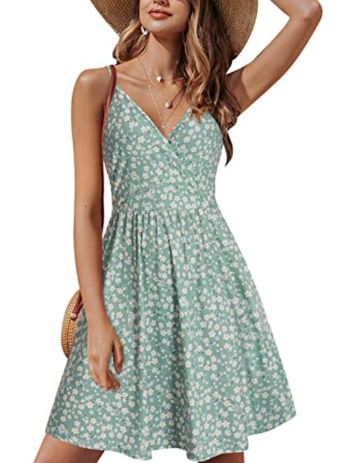 STYLEWORD Women's V Neck Floral Spaghetti Strap Summer Casual Swing Dress with Pocket