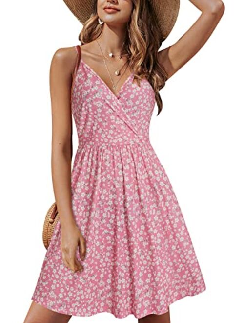 STYLEWORD Women's V Neck Floral Spaghetti Strap Summer Casual Swing Dress with Pocket