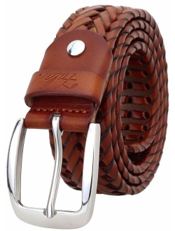 Falari Men's Braided Belt Leather Stainless Steel Buckle 35mm