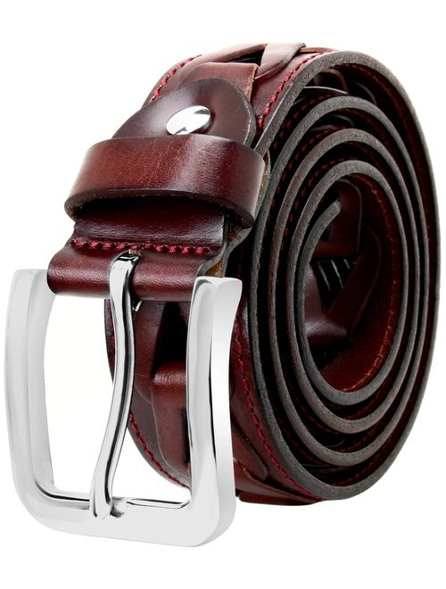 Falari Men's Braided Belt Leather Stainless Steel Buckle 35mm