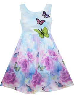 Girls Dress Rose Flower Print Embroidery Purple