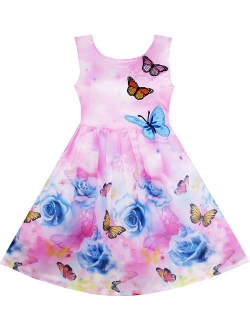 Girls Dress Rose Flower Print Embroidery Purple