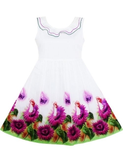 Girls Dress Rose Flower Print Embroidery Purple