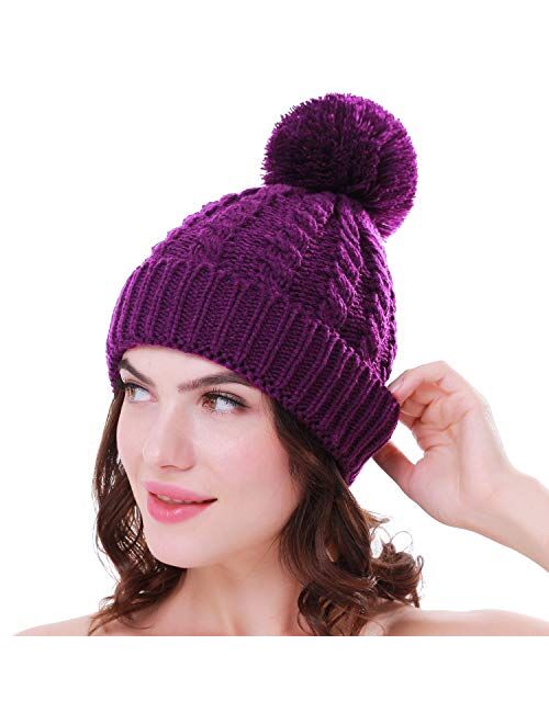 Women's Winter Beanie Warm Fleece Lining - Thick Slouchy Cable Knit Skull Hat Ski Cap