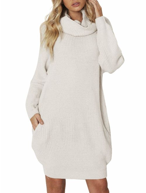 Simplee Women's Winter Warm Loose Turtleneck Oversized Pullover Sweater Dress