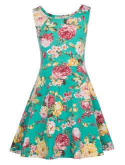 Girls Sleeveless Crew Neck Floral A-Line Dress