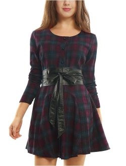 Women's Plaids Long Sleeves Button Down Belted Party Mini A-Line Shirt Dress