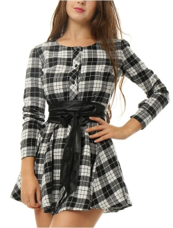 Women's Plaids Long Sleeves Button Down Belted Party Mini A-Line Shirt Dress