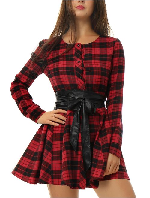 Allegra K Women's Plaids Long Sleeves Button Down Belted Party Mini A-Line Shirt Dress