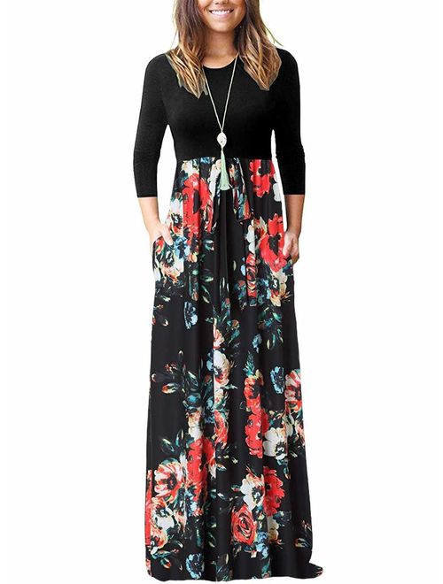 OURS Women's Casual 3/4 Sleeve Floral Print Dresses Party Long Maxi Dresses with Pockets