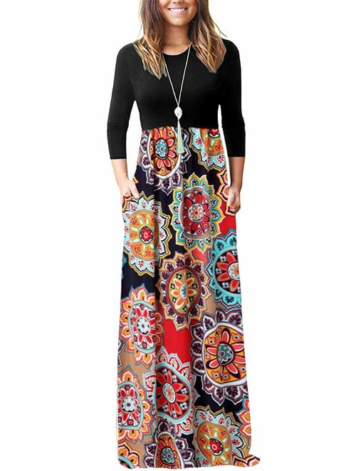 OURS Women's Casual 3/4 Sleeve Floral Print Dresses Party Long Maxi Dresses with Pockets