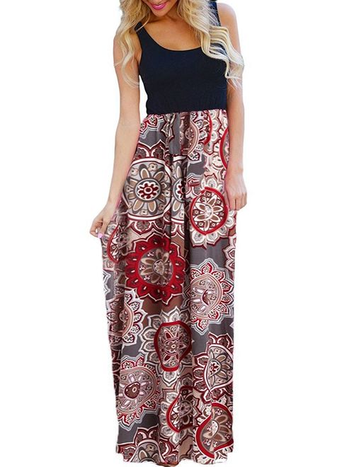 OURS Women's Casual 3/4 Sleeve Floral Print Dresses Party Long Maxi Dresses with Pockets