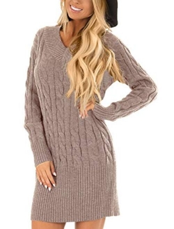 For G and PL Women's V Neck Long Sleeves Cable Knit Sweater Dress