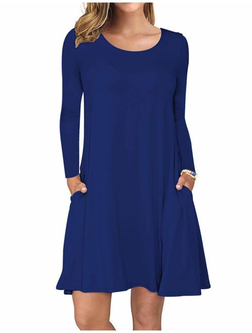 AUSELILY Women's Long Sleeve Pockets Casual Swing T-Shirt Dresses