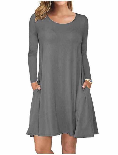 AUSELILY Women's Long Sleeve Pockets Casual Swing T-Shirt Dresses