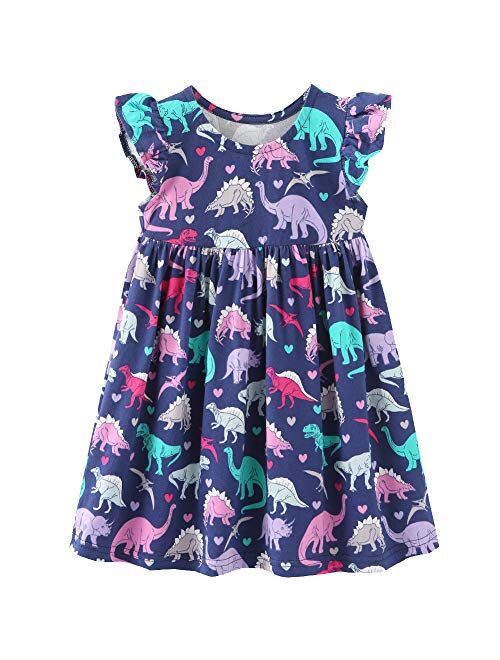 Frogwill Girls Green Dinosaur Tunic Short Sleeve Summer Casual Dress 2-7T